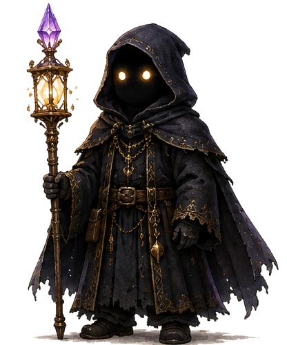 The Watcher, a hooded guardian carrying a crystal lantern staff